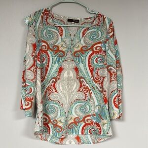 Super Cute, Crosby. 3/4 slitted BELL Sleeve Boho Multicolored blouse size S